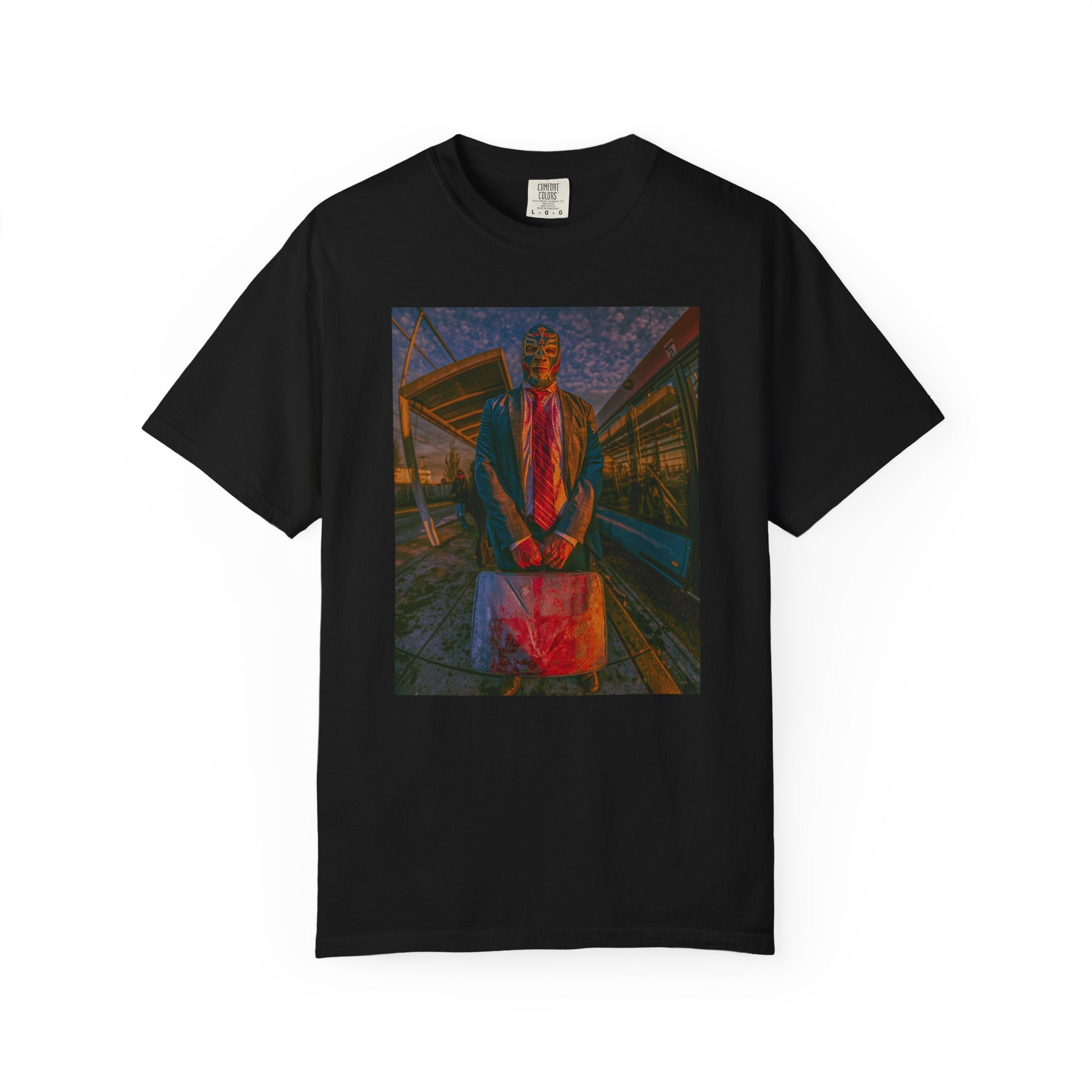 Luchador Businessman T-Shirt, Surreal Masked Commuter Graphic Tee, Urban Streetwear Shirt, Weirdcore Art Tee, Unisex Vintage Style
