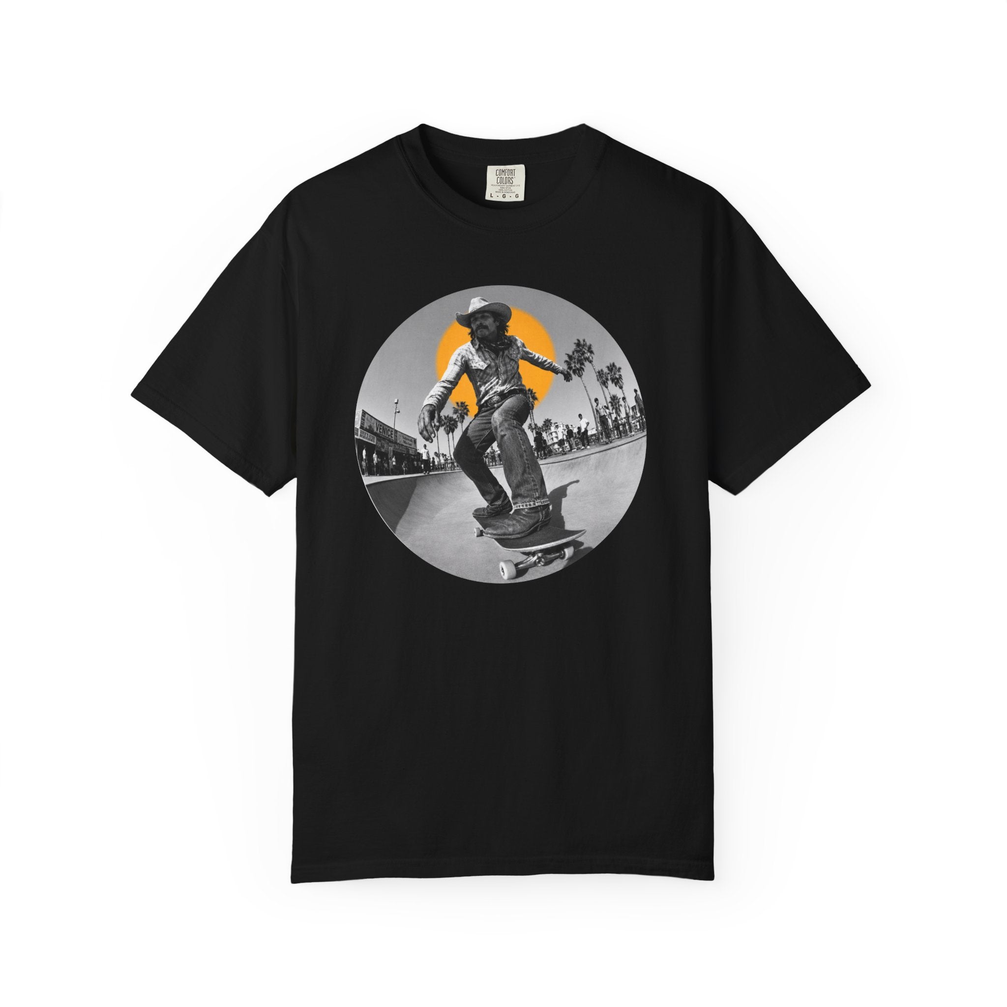 Cowboy Skateboarding Venice Beach T-Shirt, Vintage Surf Skate Graphic Tee, Western Streetwear, Fisheye Photo Comfort Colors