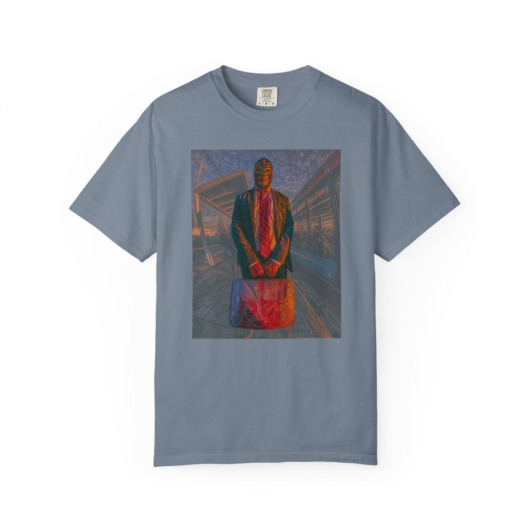 Luchador Businessman T-Shirt, Surreal Masked Commuter Graphic Tee, Urban Streetwear Shirt, Weirdcore Art Tee, Unisex Vintage Style