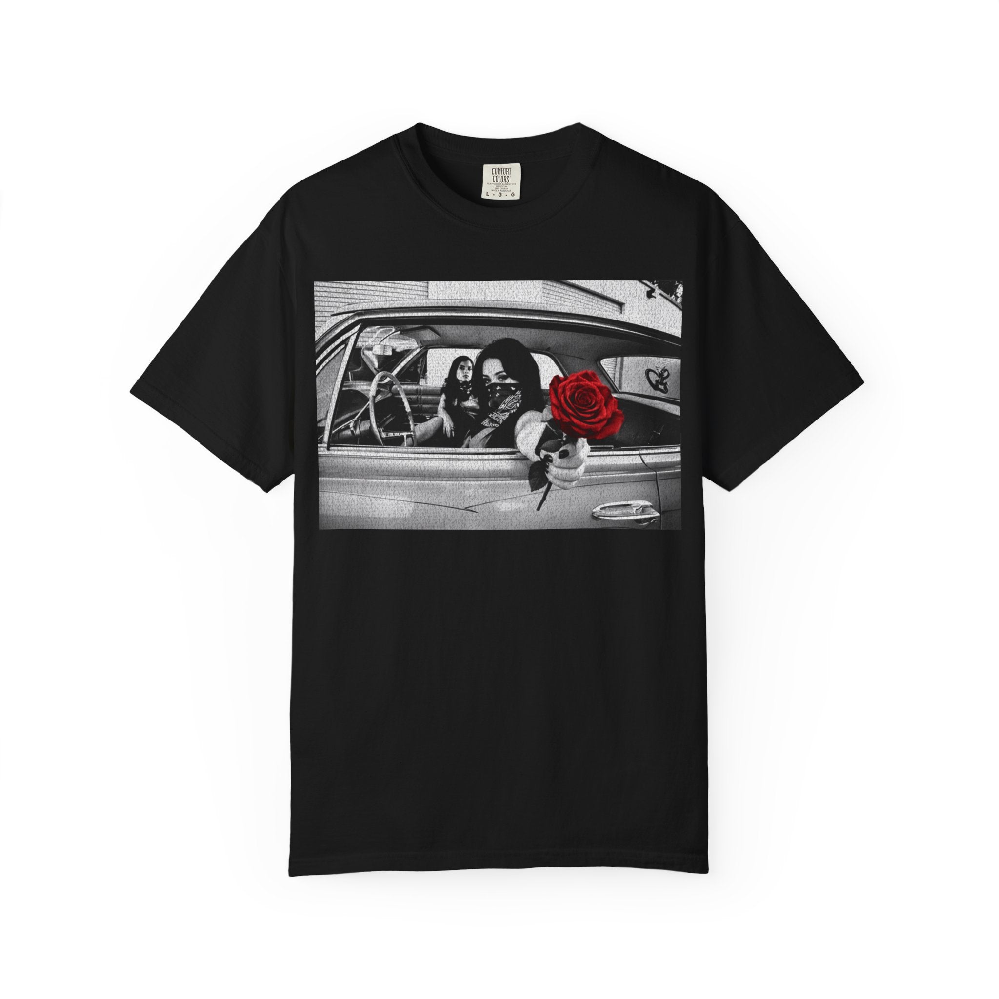 Vintage Noir Rose Graphic Tee, Black and White Cinematic Photo Shirt, Lowrider Streetwear, Chicano Art Style, Comfort Colors Tee