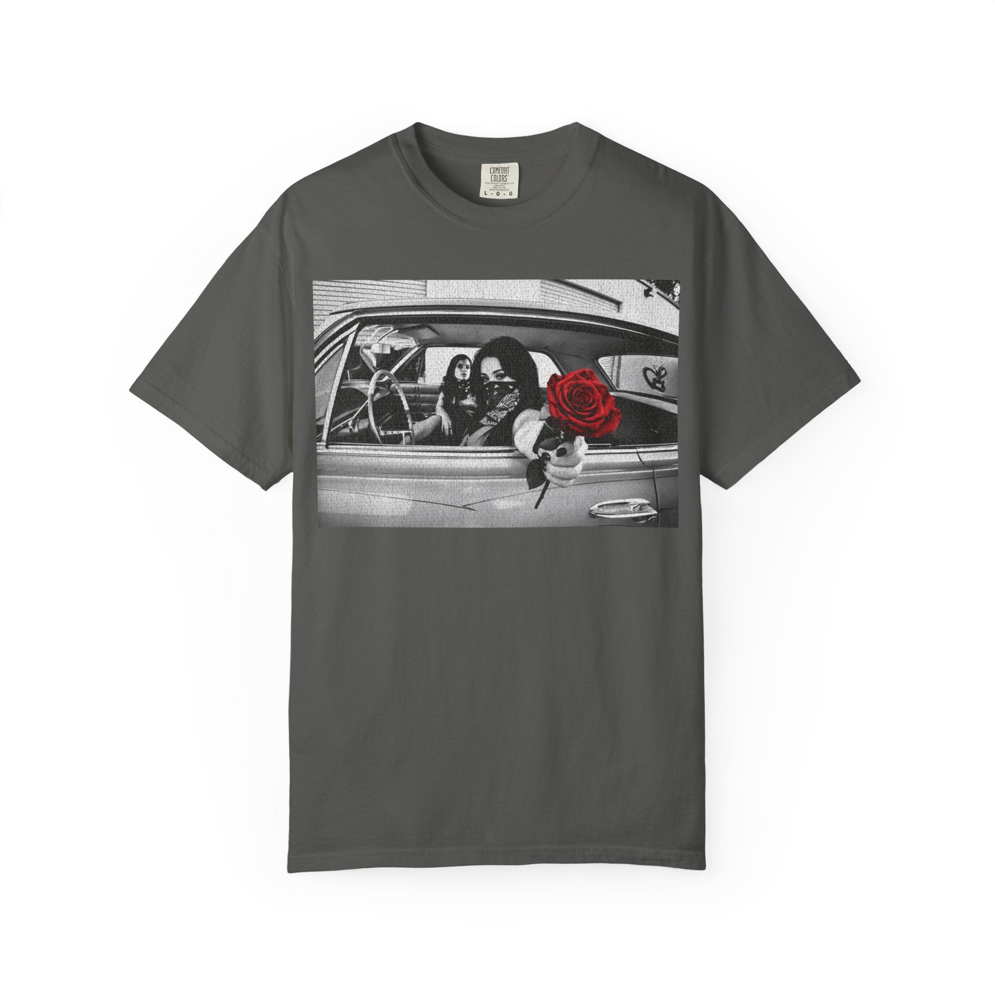 Vintage Noir Rose Graphic Tee, Black and White Cinematic Photo Shirt, Lowrider Streetwear, Chicano Art Style, Comfort Colors Tee