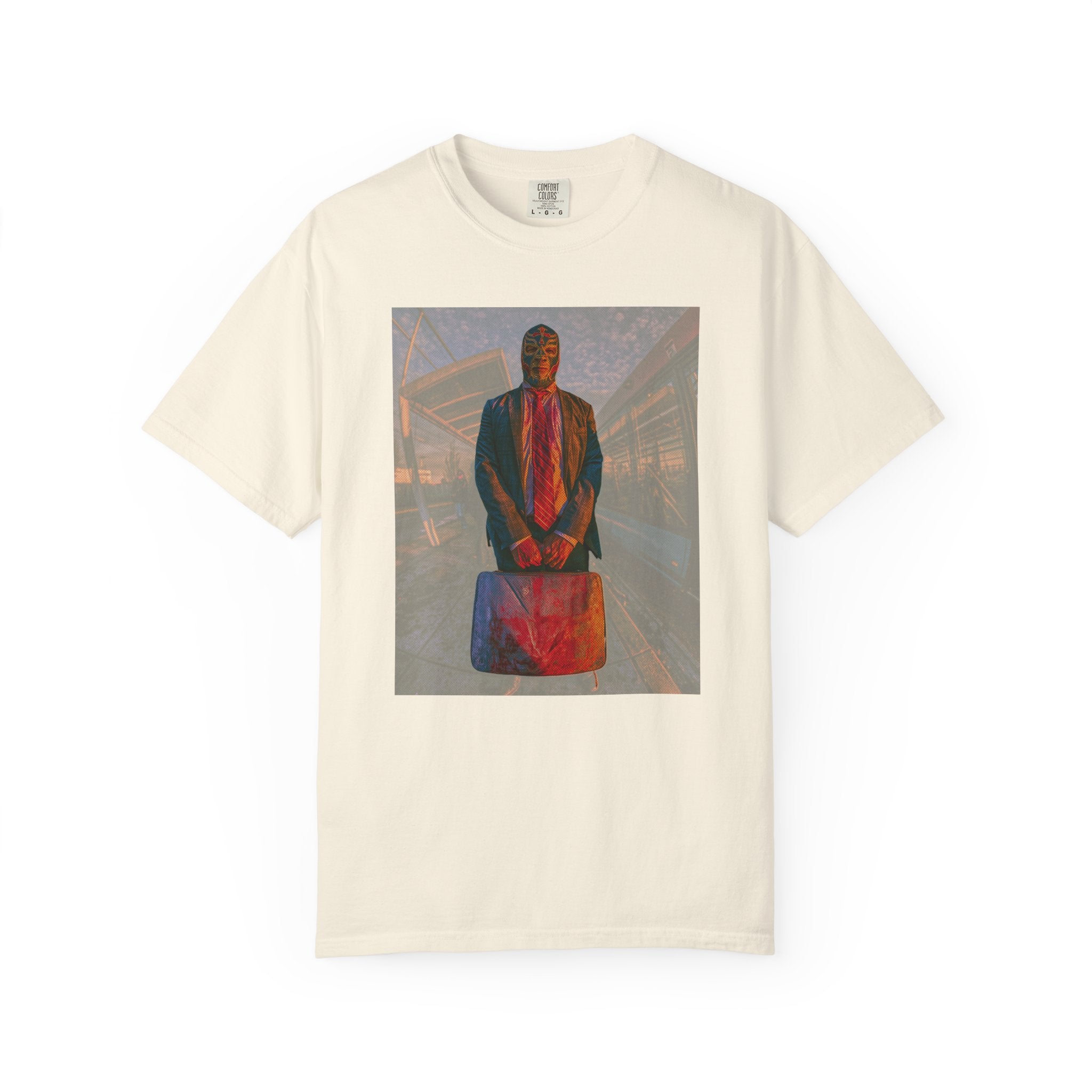 Luchador Businessman T-Shirt, Surreal Masked Commuter Graphic Tee, Urban Streetwear Shirt, Weirdcore Art Tee, Unisex Vintage Style