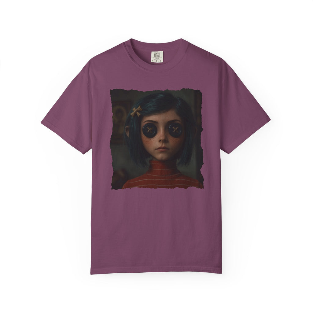Button Eyes Creepy Doll Shirt, Gothic Girl Graphic Tee, Dark Academia Aesthetic, Horror Portrait T-Shirt, Alternative Fashion Tee