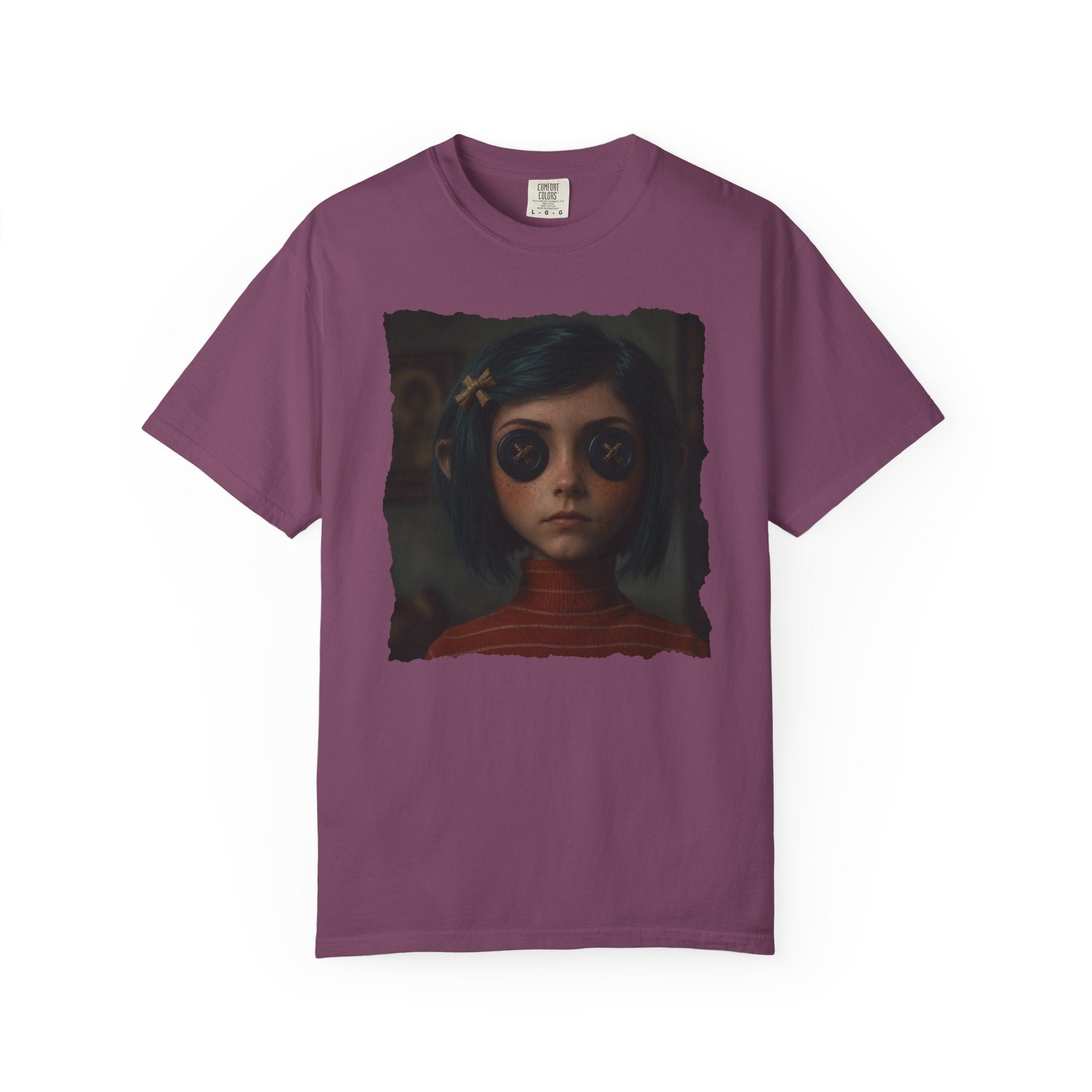 Button Eyes Creepy Doll Shirt, Gothic Girl Graphic Tee, Dark Academia Aesthetic, Horror Portrait T-Shirt, Alternative Fashion Tee