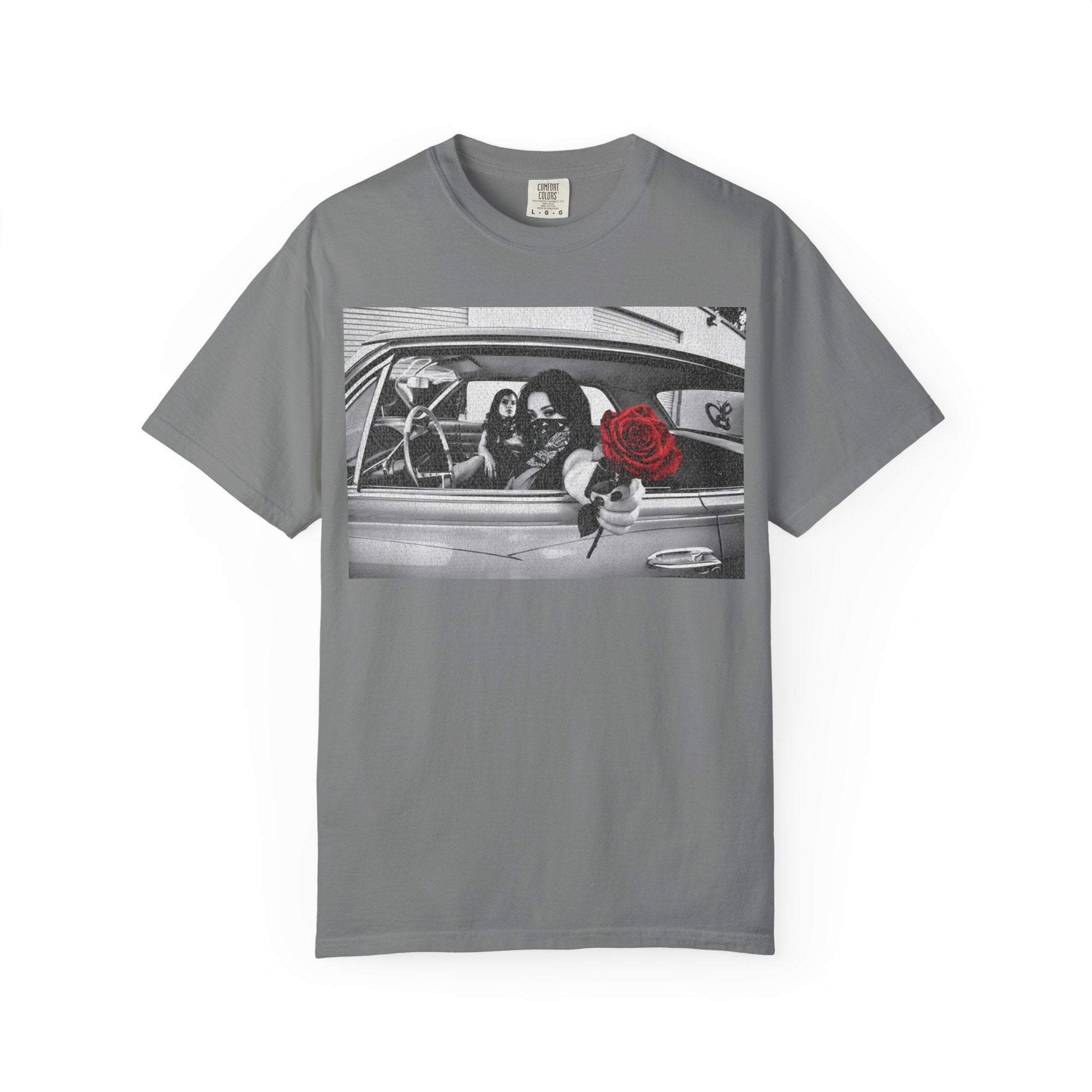 Vintage Noir Rose Graphic Tee, Black and White Cinematic Photo Shirt, Lowrider Streetwear, Chicano Art Style, Comfort Colors Tee