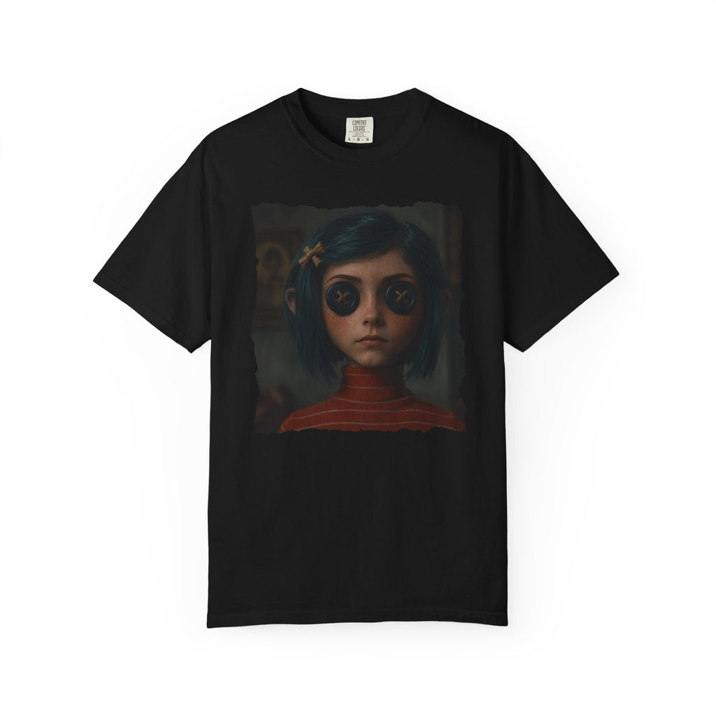 Button Eyes Creepy Doll Shirt, Gothic Girl Graphic Tee, Dark Academia Aesthetic, Horror Portrait T-Shirt, Alternative Fashion Tee