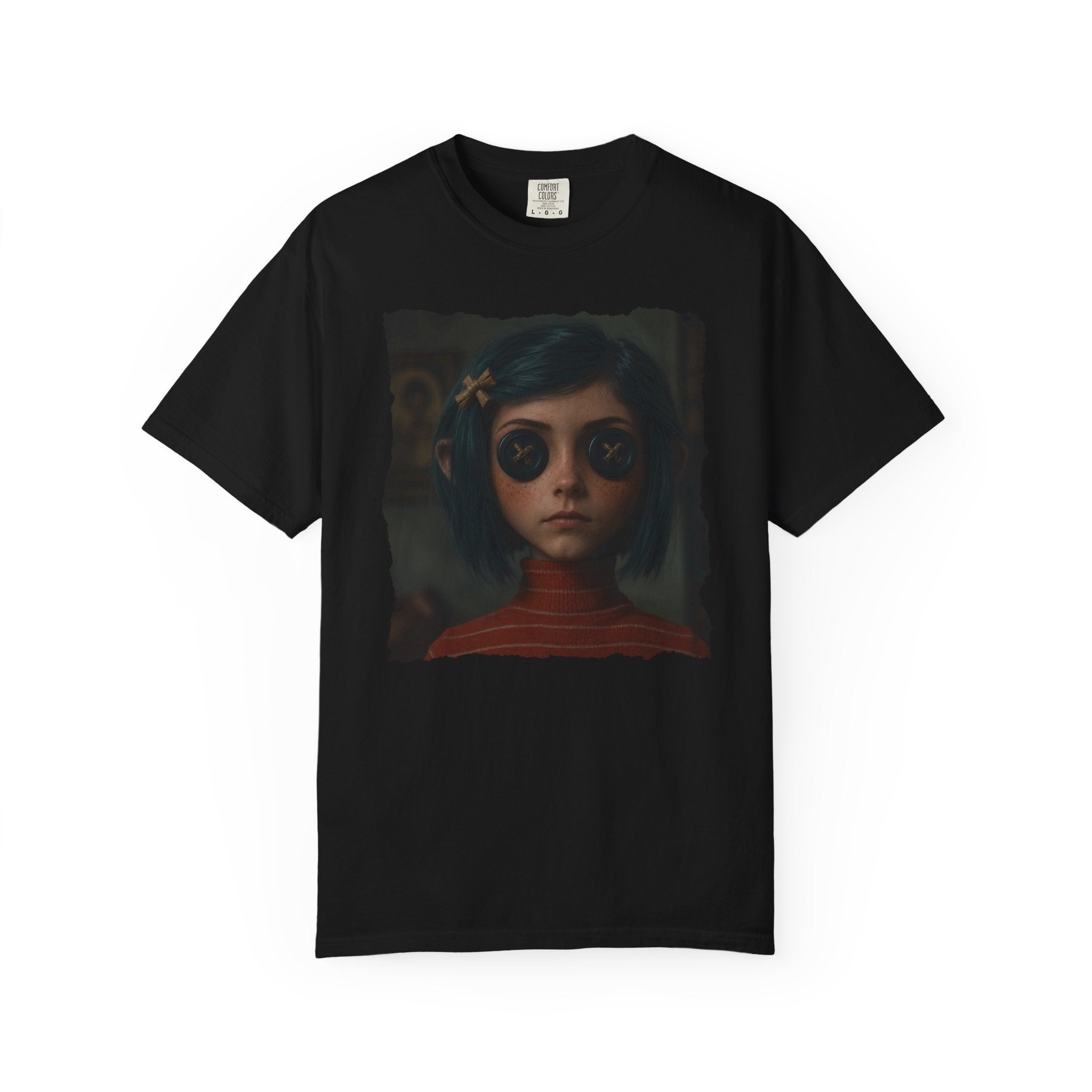 Button Eyes Creepy Doll Shirt, Gothic Girl Graphic Tee, Dark Academia Aesthetic, Horror Portrait T-Shirt, Alternative Fashion Tee