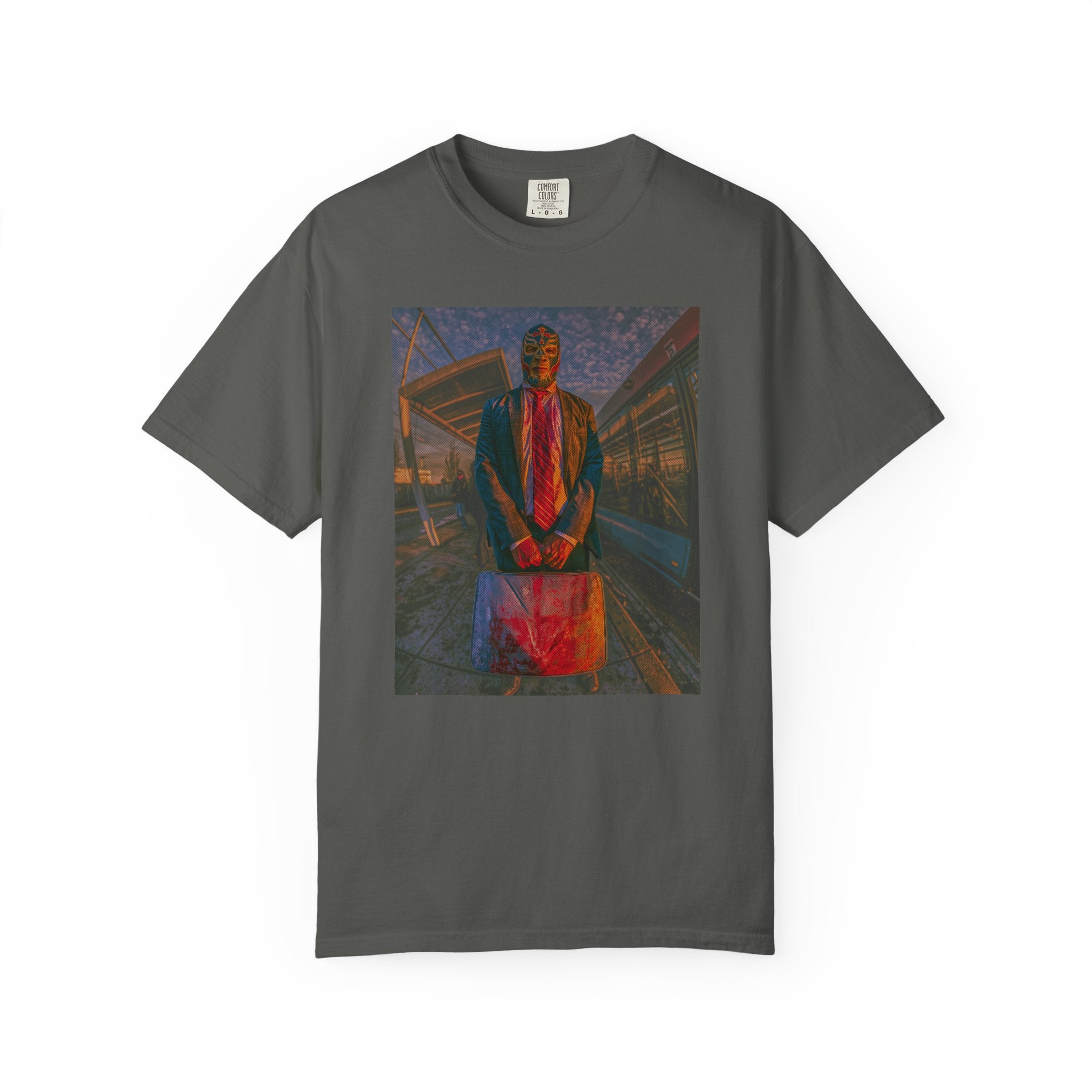 Luchador Businessman T-Shirt, Surreal Masked Commuter Graphic Tee, Urban Streetwear Shirt, Weirdcore Art Tee, Unisex Vintage Style
