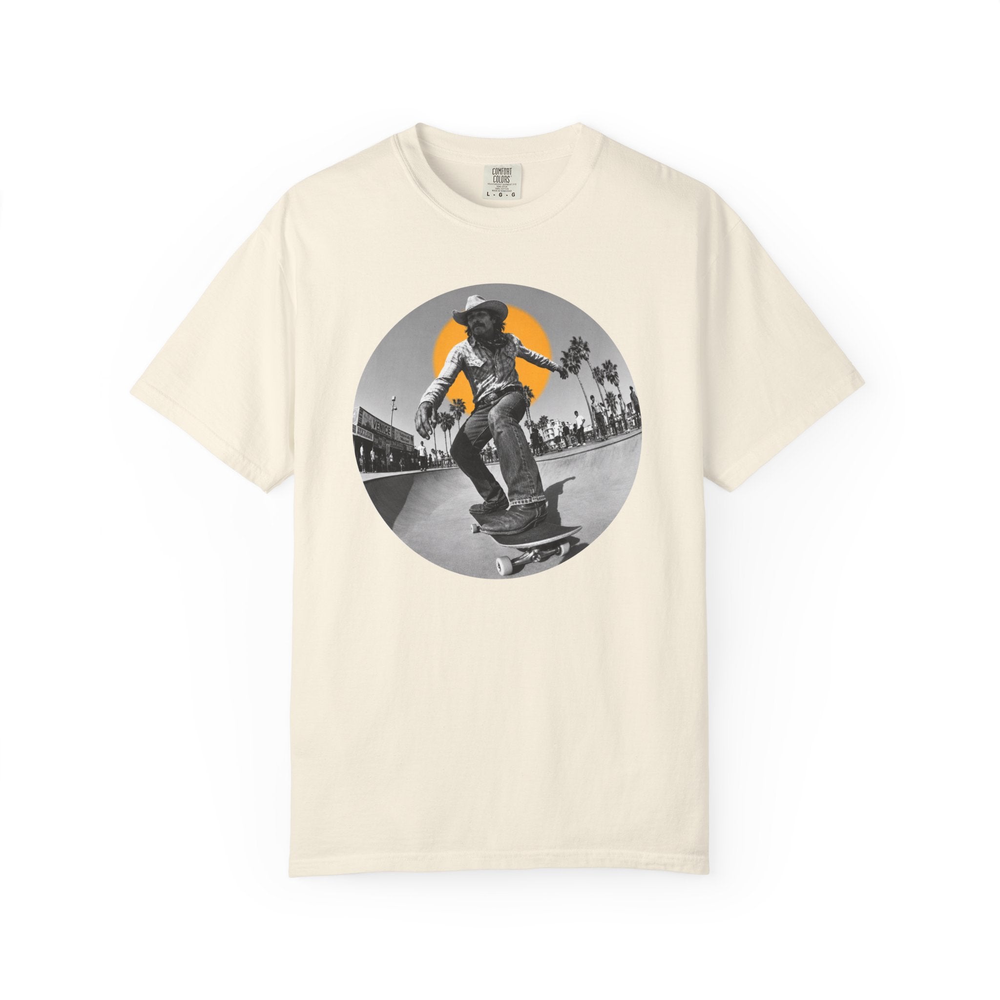 Cowboy Skateboarding Venice Beach T-Shirt, Vintage Surf Skate Graphic Tee, Western Streetwear, Fisheye Photo Comfort Colors