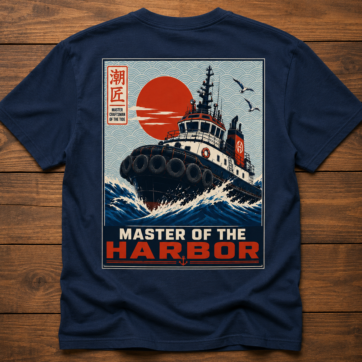 Tugboat Shirt | Master of the Harbor Tee | Japanese Maritime Art T-Shirt | Harbor Captain Gift | Tug Boat Crew Back Print Shirt