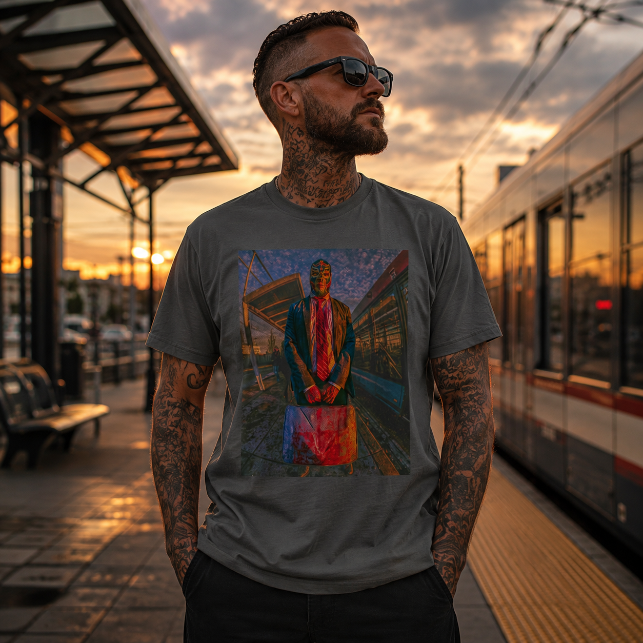 Luchador Businessman T-Shirt, Surreal Masked Commuter Graphic Tee, Urban Streetwear Shirt, Weirdcore Art Tee, Unisex Vintage Style