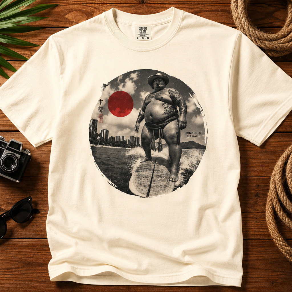 Sumo Surfer Cowboy T-Shirt, Funny Hawaii Surf Tee, Vintage Japanese Style Graphic Shirt, Yakuza Beach Western Streetwear