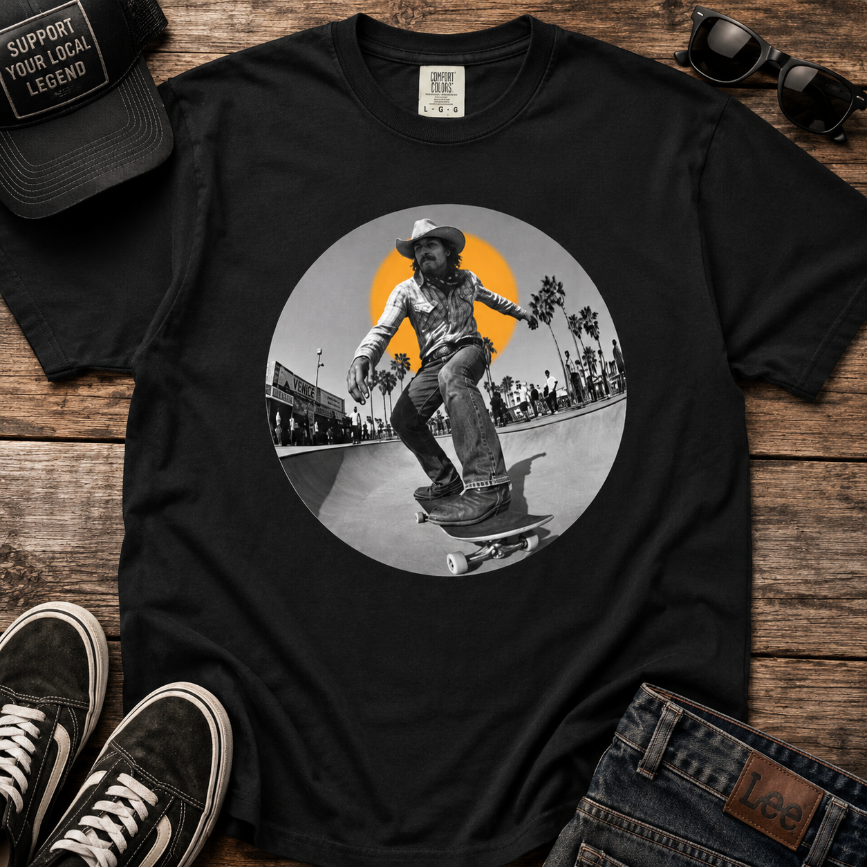 Cowboy Skateboarding Venice Beach T-Shirt, Vintage Surf Skate Graphic Tee, Western Streetwear, Fisheye Photo Comfort Colors