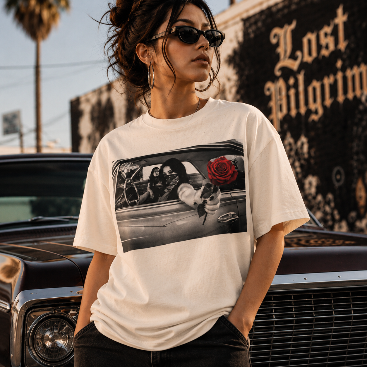 Vintage Noir Rose Graphic Tee, Black and White Cinematic Photo Shirt, Lowrider Streetwear, Chicano Art Style, Comfort Colors Tee