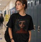 Button Eyes Creepy Doll Shirt, Gothic Girl Graphic Tee, Dark Academia Aesthetic, Horror Portrait T-Shirt, Alternative Fashion Tee