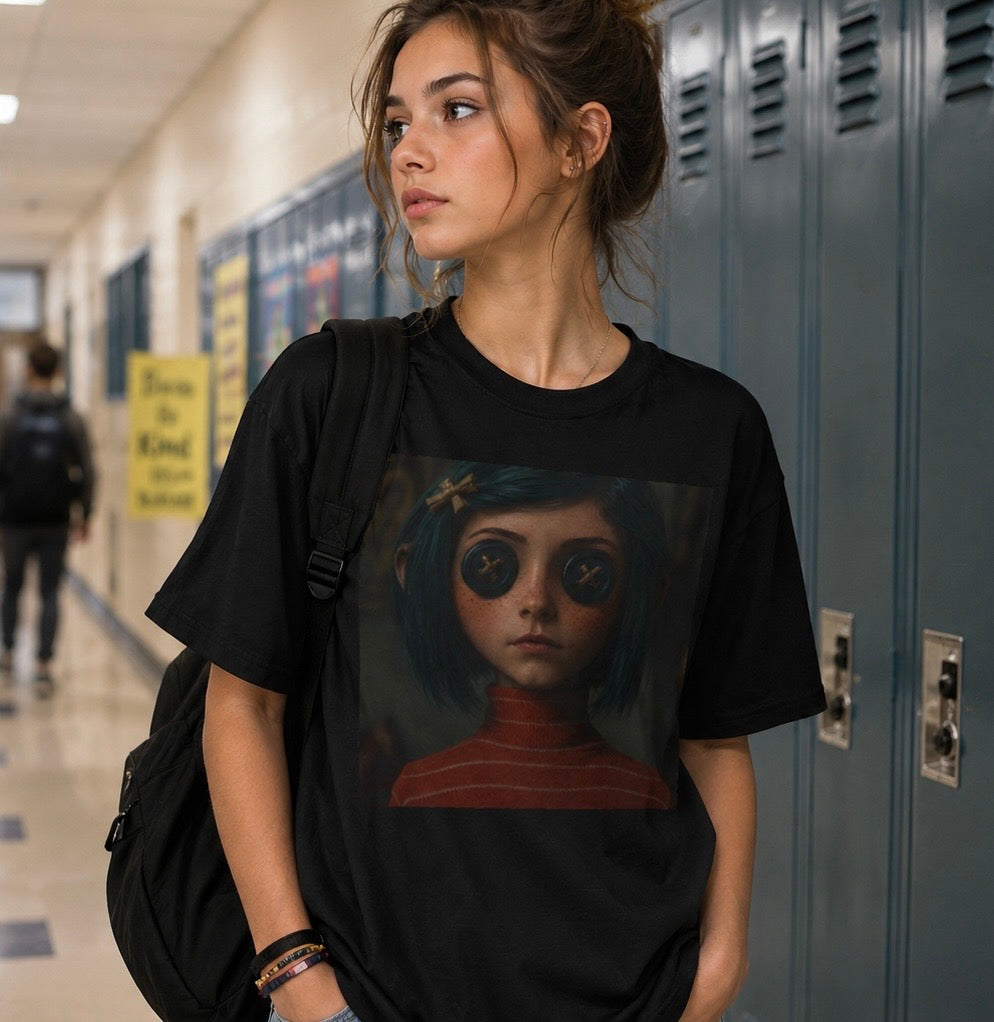 Button Eyes Creepy Doll Shirt, Gothic Girl Graphic Tee, Dark Academia Aesthetic, Horror Portrait T-Shirt, Alternative Fashion Tee