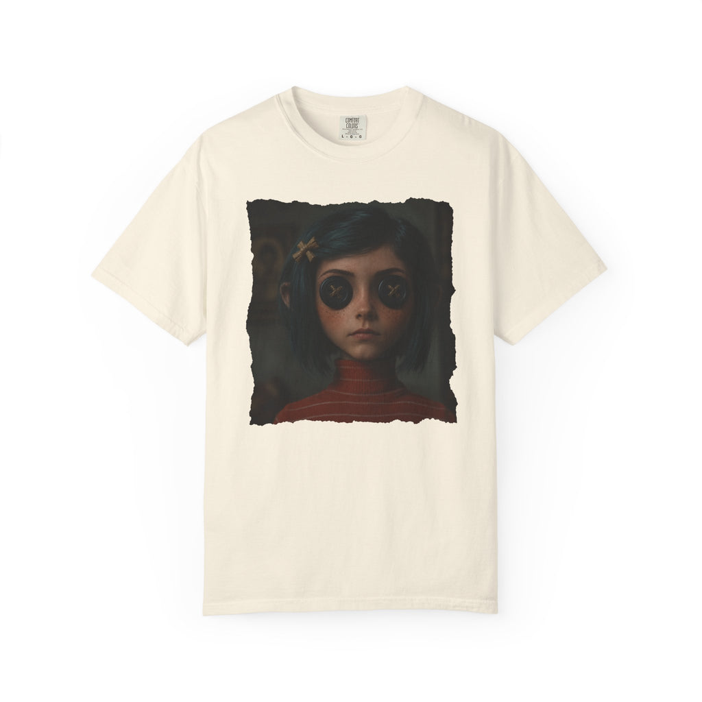 Button Eyes Creepy Doll Shirt, Gothic Girl Graphic Tee, Dark Academia Aesthetic, Horror Portrait T-Shirt, Alternative Fashion Tee