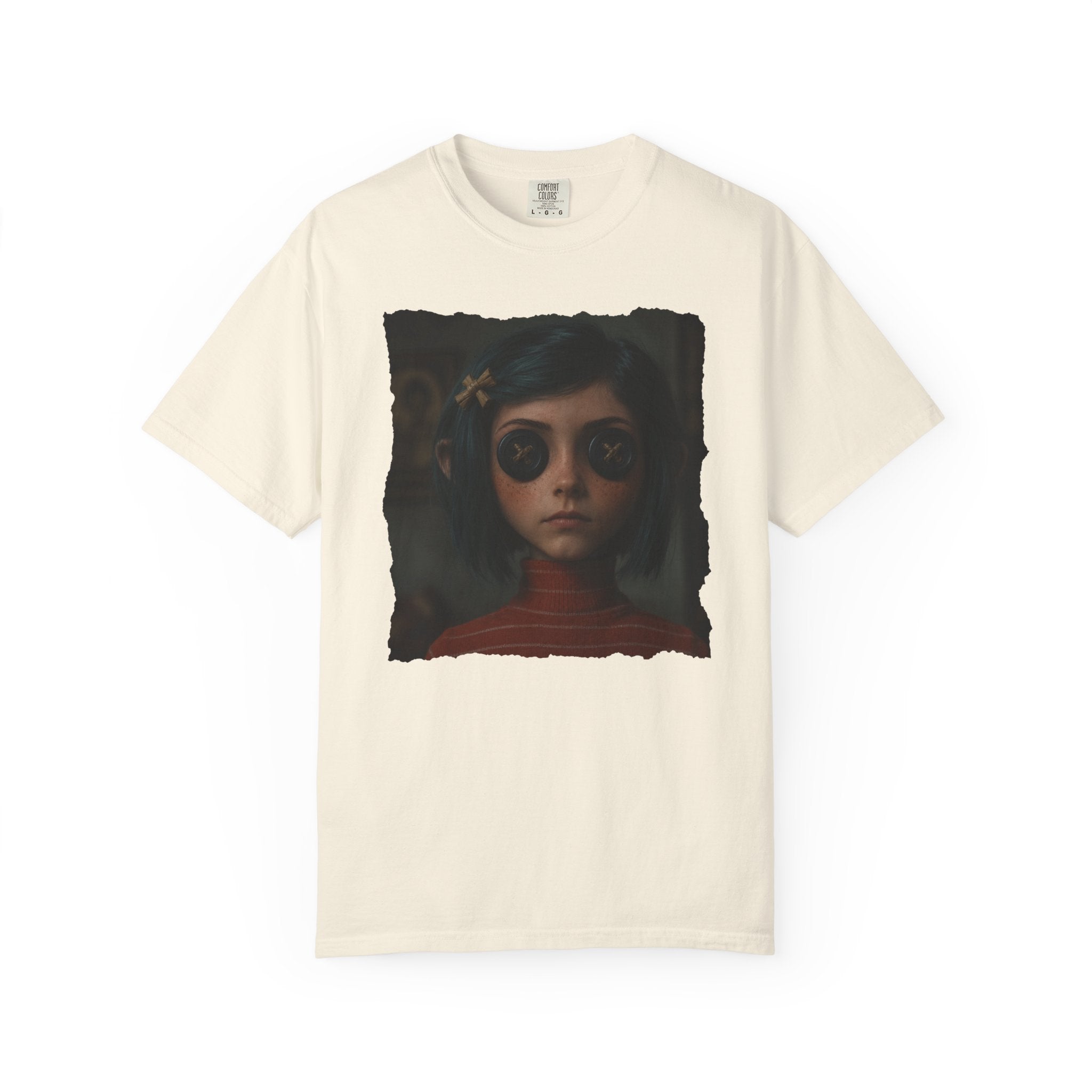 Button Eyes Creepy Doll Shirt, Gothic Girl Graphic Tee, Dark Academia Aesthetic, Horror Portrait T-Shirt, Alternative Fashion Tee