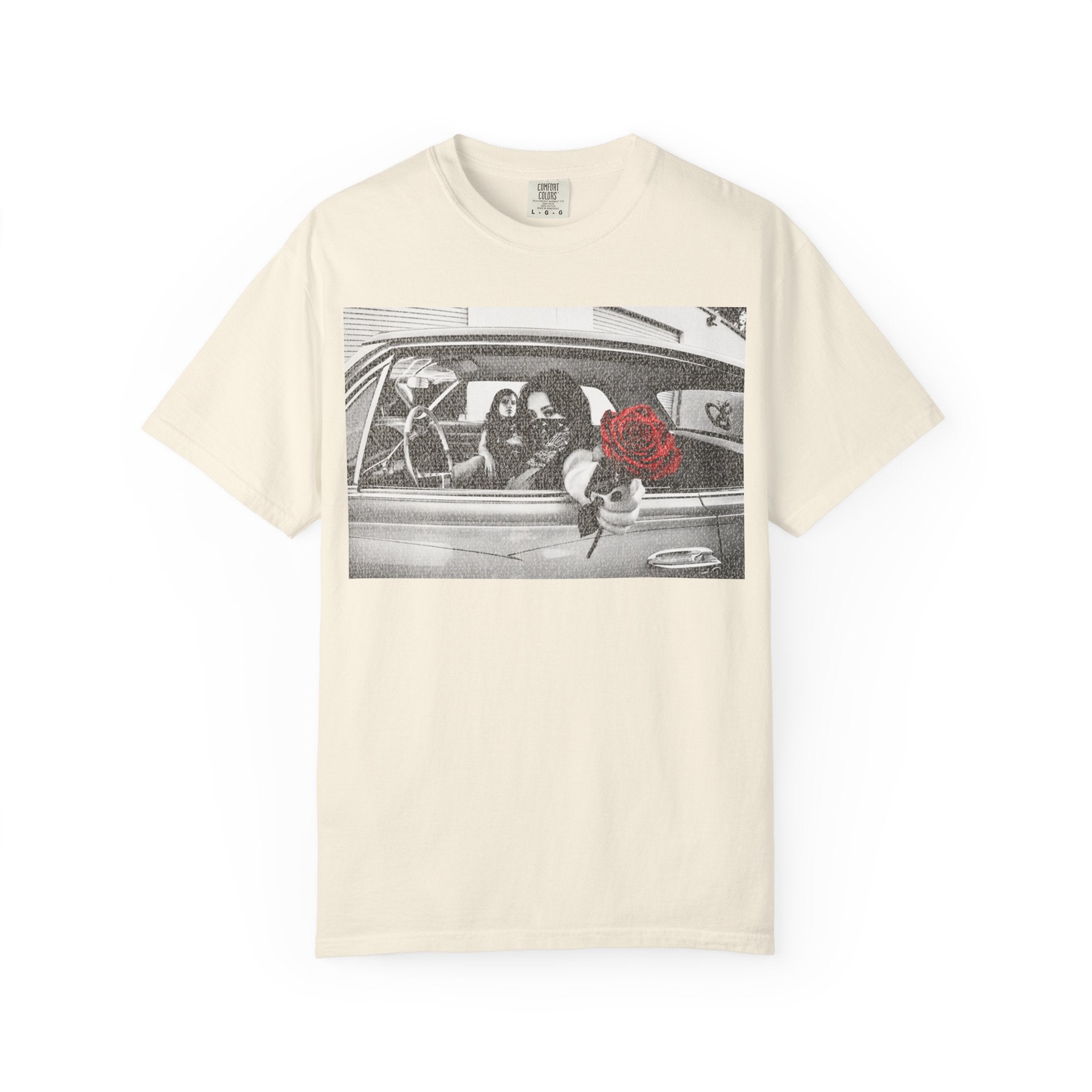 Vintage Noir Rose Graphic Tee, Black and White Cinematic Photo Shirt, Lowrider Streetwear, Chicano Art Style, Comfort Colors Tee