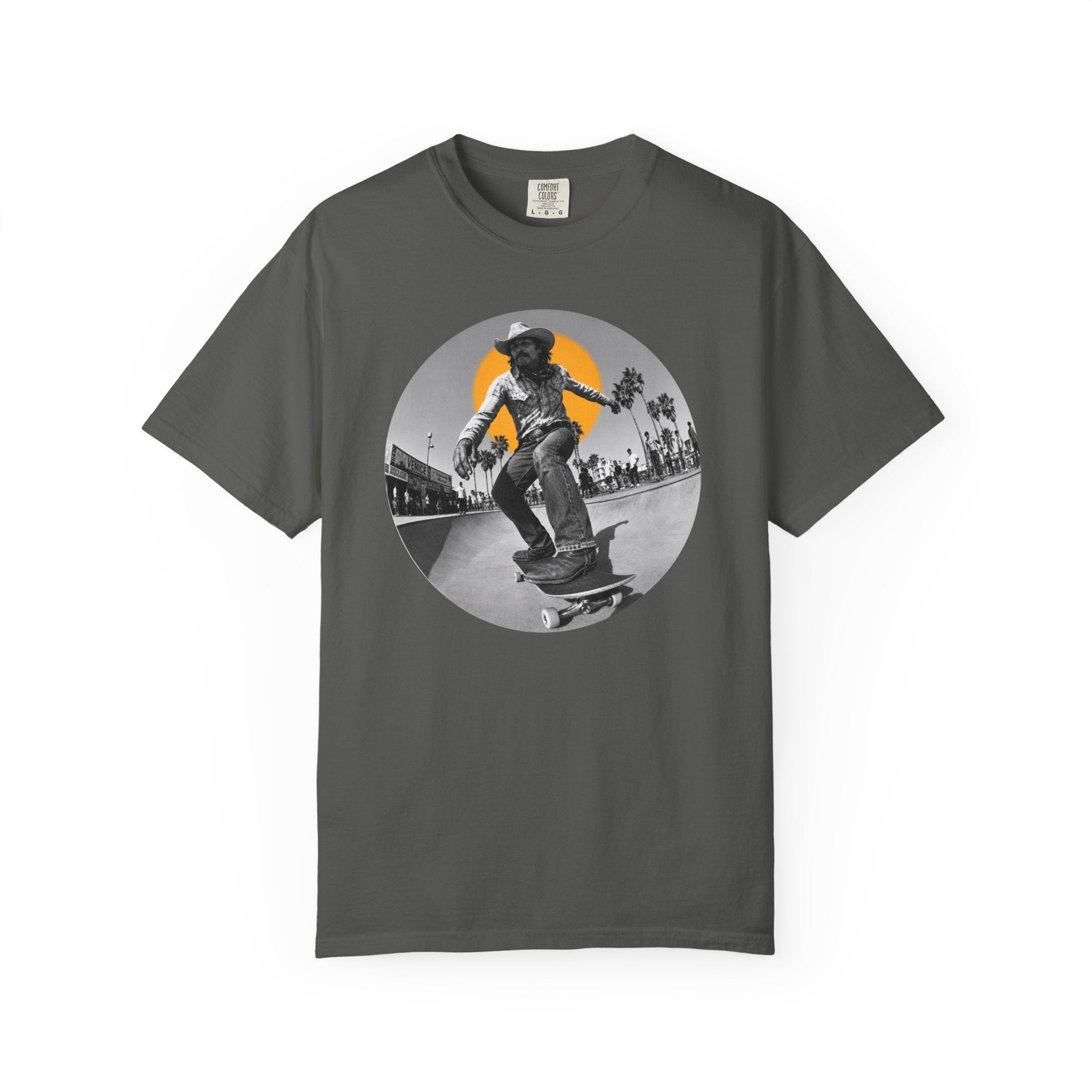 Cowboy Skateboarding Venice Beach T-Shirt, Vintage Surf Skate Graphic Tee, Western Streetwear, Fisheye Photo Comfort Colors