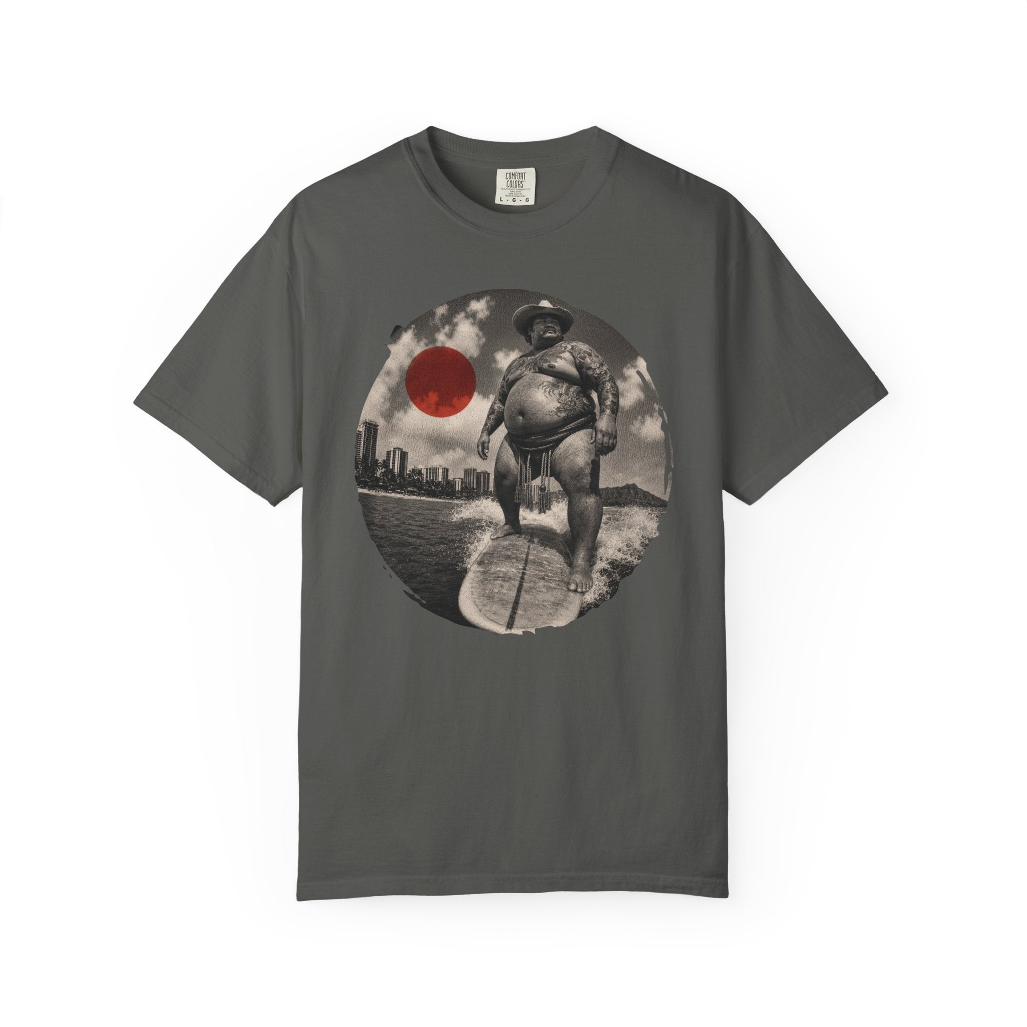 Sumo Surfer Cowboy T-Shirt, Funny Hawaii Surf Tee, Vintage Japanese Style Graphic Shirt, Yakuza Beach Western Streetwear