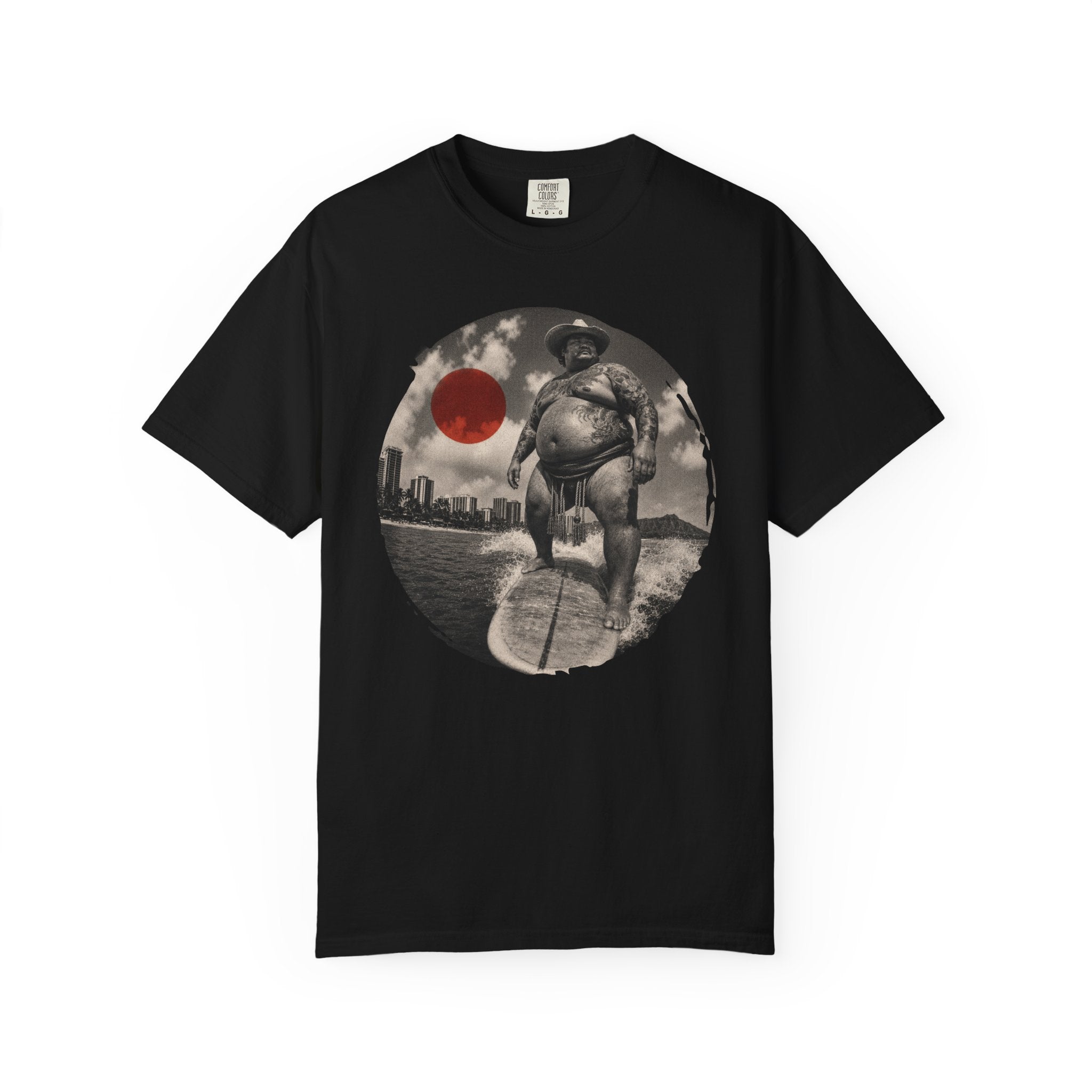 Sumo Surfer Cowboy T-Shirt, Funny Hawaii Surf Tee, Vintage Japanese Style Graphic Shirt, Yakuza Beach Western Streetwear